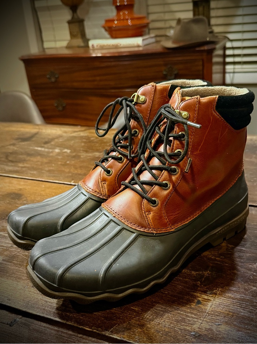 Sperry Brown Leather and Black Rubber Duck Boots Size 10
